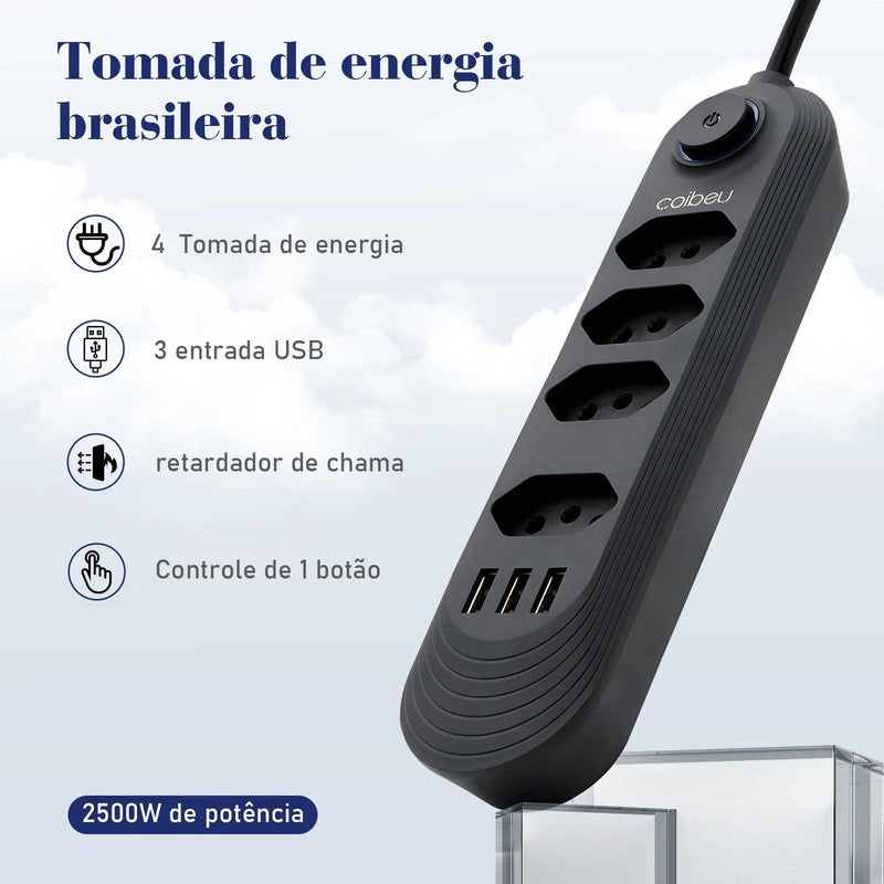 Extensão De 4 Tomadas + USB Bivolt 2 Metros