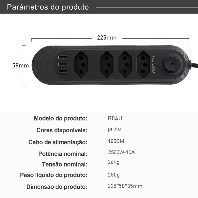 Extensão De 4 Tomadas + USB Bivolt 2 Metros