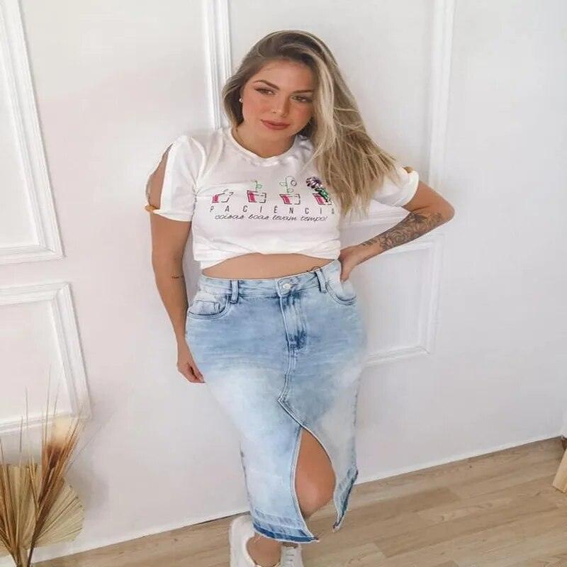 Saia Midi Jeans Sem Elastano Com Fenda Cós Alto - Viral Trends